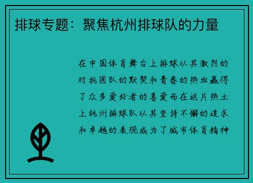 排球专题：聚焦杭州排球队的力量