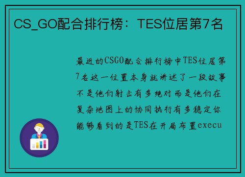 CS_GO配合排行榜：TES位居第7名
