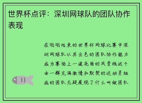 世界杯点评：深圳网球队的团队协作表现